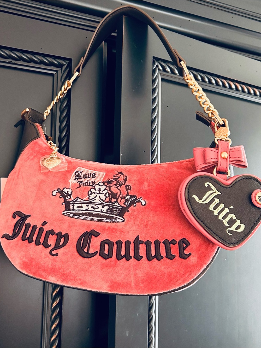 Juicy Couture velour shoulder bag crescent bag Pink and Brown
